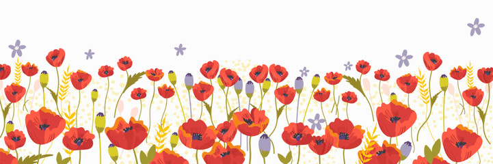 Nature Poppy field. Vector illustration. For prints, cover or card designs, art decoration. Contemporary artistic poster.