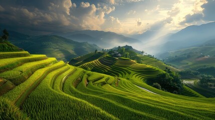 Fototapeta premium Picturesque view of rice paddies against a backdrop of rolling hills