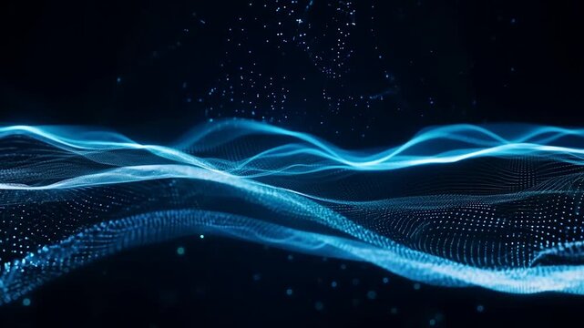 Abstract blue digital wave of glowing particles and dots on a black background