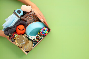 Donation box with pet food and supplies for animal shelters over green background.