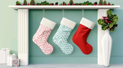 Christmas stockings, hanging by the fireplace, flat design illustration