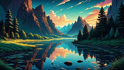 sunset in the mountains hyperrelistic centered, symmetry, painted, intricate, volumetric lighting, beautiful,