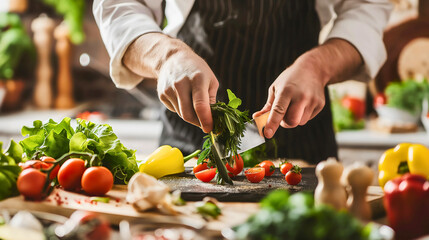 Closeup hands of male professional gastronomy chef cutting or chopping vegetables, tomato parsley and pepper on cutting board in kitchen interior, preparing vegetarian meal food, healthy oraganic meal