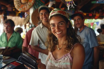 Fototapeta premium A woman, surrounded by friends and beachside décor, smiles brightly in a lively café, capturing the essence of fun, relaxation, and social interaction by the seaside.