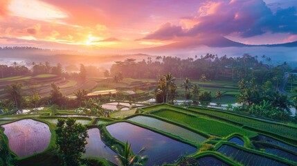 Fototapeta premium Colorful sunrise over a vast expanse of rice paddies