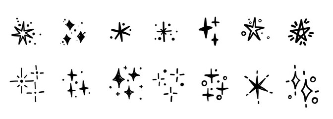 Doodle stars hand drawn sparkling monochrome comic elements collection in grunge graffiti style collection bundle set
