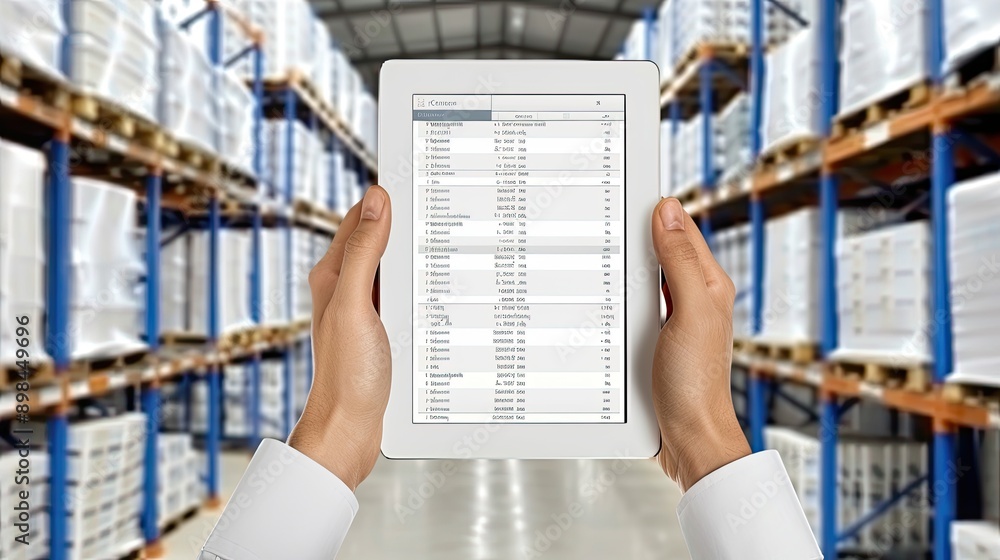 Poster a worker in a warehouse stands in an aisle and looks at a tablet that displays a data chart