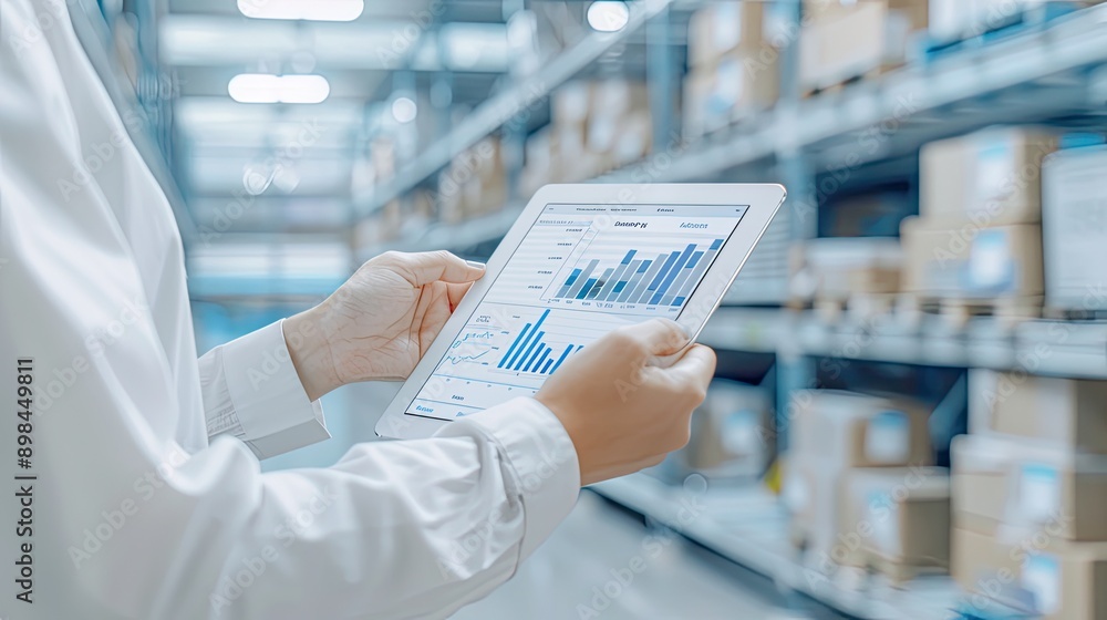 Poster a worker in a warehouse stands in an aisle and looks at a tablet that displays a data chart