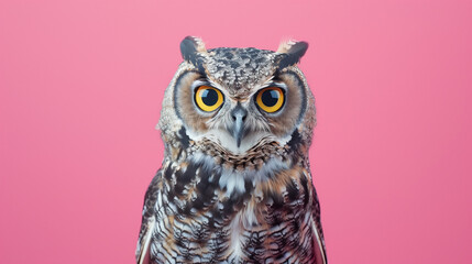 Obraz premium colorful image of owl in front of pink background studio shot