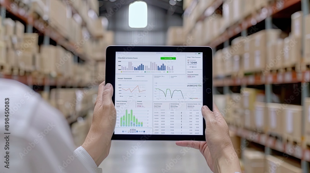 Poster a worker in a warehouse stands in an aisle and looks at a tablet that displays a data chart