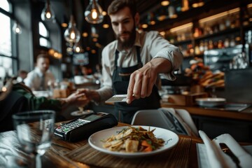 A waiter is processing a customer's payment with a credit card at a restaurant, highlighting the seamless and professional service in a stylish dining environment.