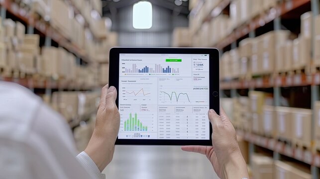 A worker in a warehouse stands in an aisle and looks at a tablet that displays a data chart