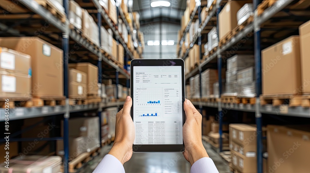 Poster a worker in a warehouse stands in an aisle and looks at a tablet that displays a data chart