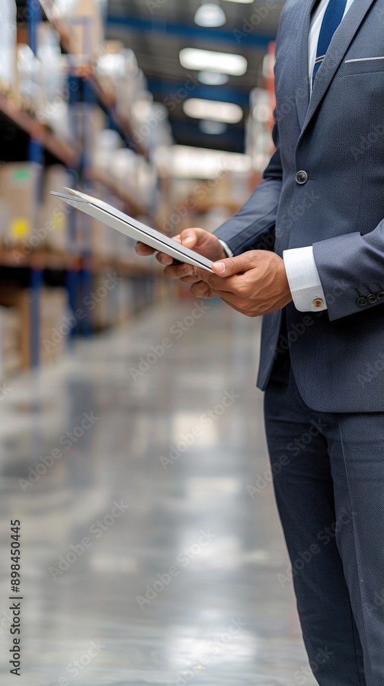 Poster a worker in a warehouse stands in an aisle and looks at a tablet that displays a data chart.