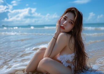 Fototapeta premium Relaxed Woman Enjoying the Beach 