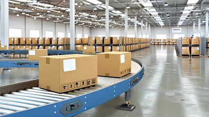 A line of cardboard boxes moves along a conveyor belt in a warehouse setting
