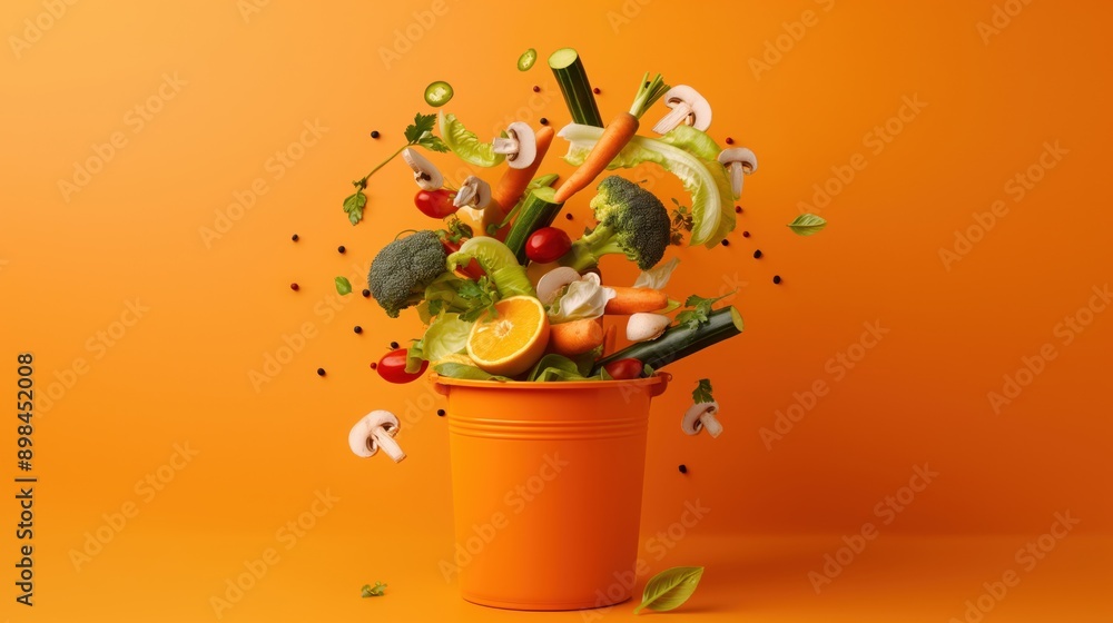 Wall mural Various fresh vegetables and fruits including broccoli, carrots, tomatoes, and an orange arranged in an orange bucket against an orange background.