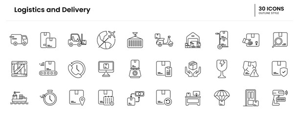 Logistics and Delivery icon set. delivery, shipping, logistics, box, courier, cargo, warehouse, truck, transport, package, shipment. Vector outline icon illustration