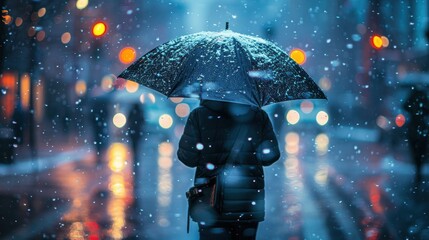 A person walking through an urban street at night under snowfall, holding a large umbrella with streetlights and blurred city lights illuminating the background