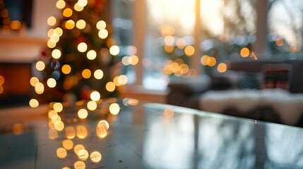 Empty glass table with a blurred Christmas tree and festive lights in the background. Concept of holiday mockup, product display, Christmas decor, and seasonal atmosphere. Copy space