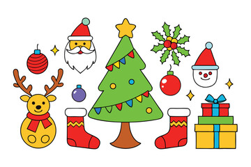 Christmas Day Cartoon Elements Vector Art Bundle - Festive Illustration Set on White Background.