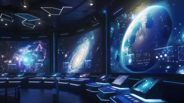 digital planetarium where virtual astronomy classes are conducted, with screens displaying celestial events and constellations