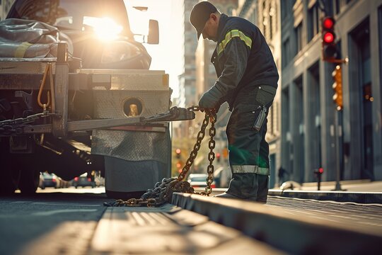 Worker securing chains on a flatbed truck during sunrise in the city
