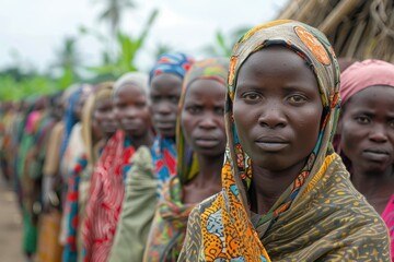 A long line of women in vibrant traditional clothing and headscarves, standing outside with determination evident on their faces, appearing as though they are part of a larger community event or