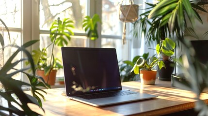 Fototapeta premium Laptop with black screen on a wooden desk surrounded by houseplants with sunlight through windows. Concept of remote work, home office, nature-inspired workspace, freelance. Mockup. Copy space
