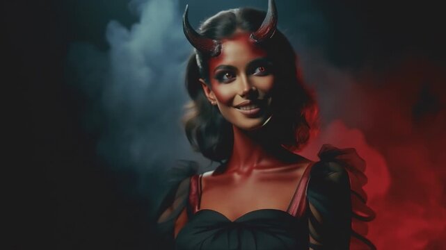 Smiling red-skinned she-devil temptress surrounded by smoke in hell. Horny woman. Demonic character. Female demon. Fantasy filmic footage. . High quality 4k footage