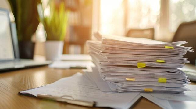 Stack of papers and clipboard on white office desk with a potted plant near a window Concept of paperwork, office work, administrative tasks, business documents. Copy space