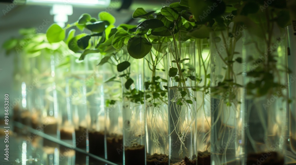 Poster a row of test tubes filled with water, each containing a small green plant with visible roots.
