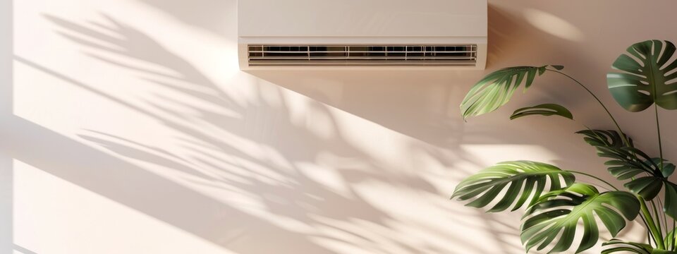 Modern air conditioner on a pastel wall with monstera plant. Concept of home cooling, interior design, plant decor, summer heat. Banner. Copy space
