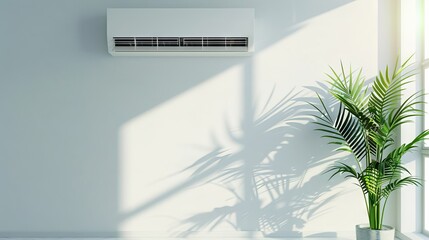Air conditioning unit on a wall with green indoor plant. Concept of home cooling, climate control, indoor comfort, modern interior. Copy space