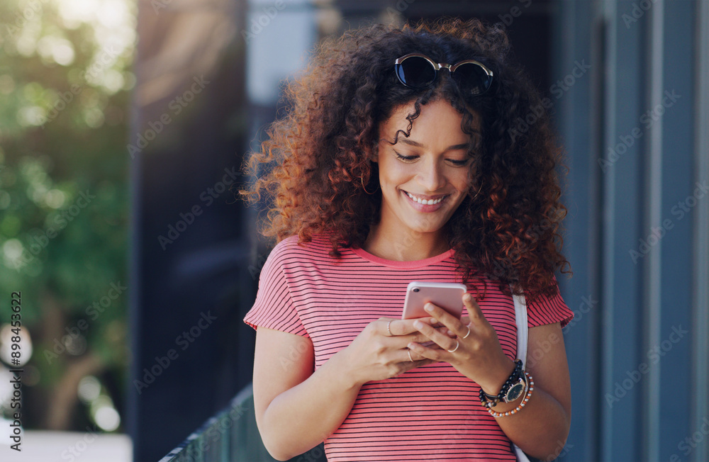 Poster woman, balcony and excited with texting on smartphone with mobile app for online dating with match. 