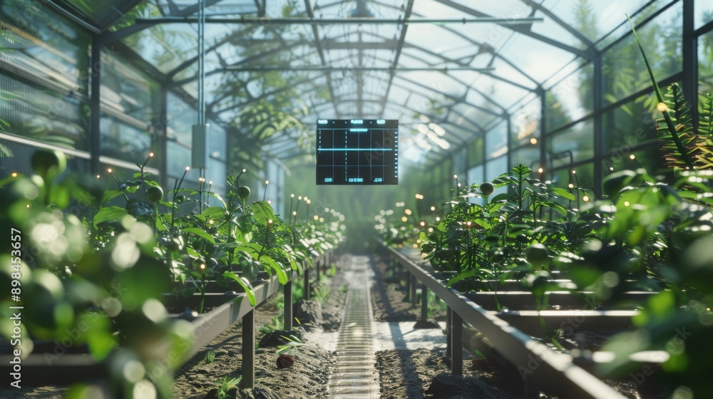 Poster Rows of plants grow in a greenhouse with a monitoring system displayed in the center.