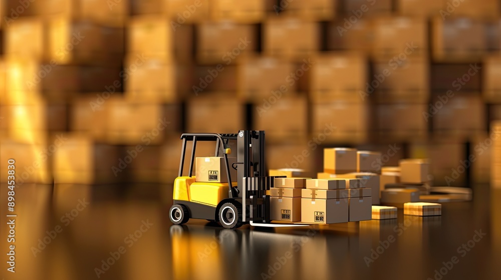 Poster a forklift stands in a busy warehouse with rows of shelves stacked with boxes, while a pallet with t