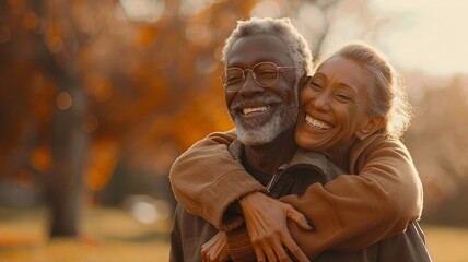Obraz premium An elderly husband gives his wife a piggyback ride during outdoor exercise, symbolizing their active lifestyle and strong bond. This image captures the joy and love shared between the senior couple as