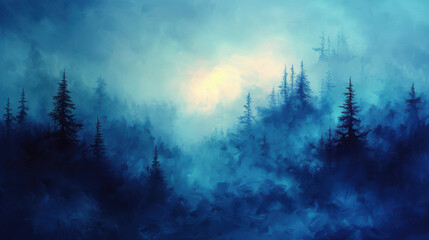 Fototapeta premium A painting of a forest with trees and a sun in the sky. The mood of the painting is serene and peaceful