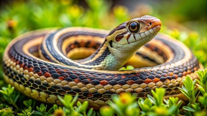 Obraz premium Close-up of a Garter Snake in Green Grass.
