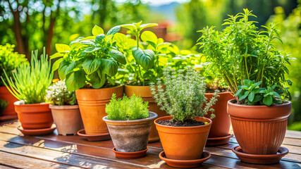 Fototapeta premium Fresh herbs in terracotta pots on a wooden table.