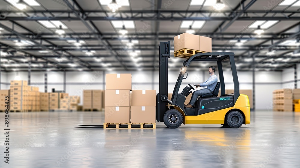 Poster a forklift stands in a busy warehouse with rows of shelves stacked with boxes, while a pallet with t