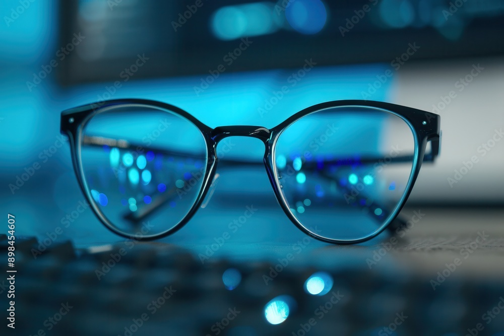 Leinwandbilder black eyeglasses lay on a keyboard, with the blue glow from a computer screen reflecting in the lens