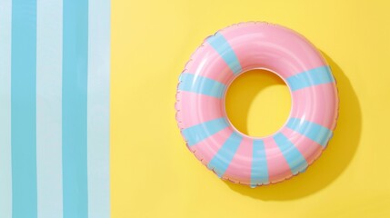 Fototapeta premium Young Adult Caucasian Woman in Striped Swimsuit and Pink Inflatable Ring Posing on a Minimalist Beach-Themed Yellow Background, Early Morning, Bright and Diffused Lighting for a Vibrant Summer Mood