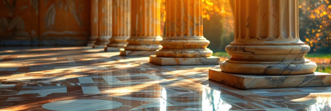 Golden sunlight filtering through classical marble columns creates a mesmerizing interplay of light and shadows on a polished stone floor during an autumn afternoon