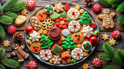 Christmas Cookies and Decorations on Wooden Background.