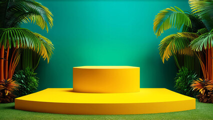 Yellow podium product background, autumn and summer display platform nature minimal. Banner.