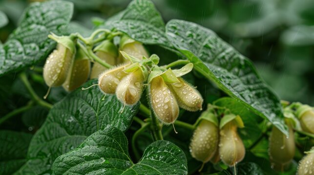 Close-up view of water droplets on green leaves and fuzzy, seed-filled pods, showcasing the intricate texture and natural beauty of plant life