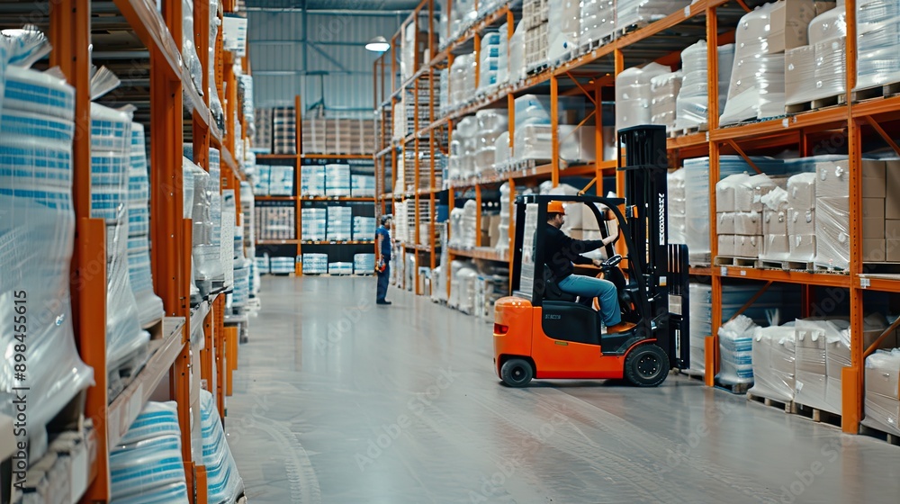 Poster a forklift stands in a busy warehouse with rows of shelves stacked with boxes, while a pallet with t