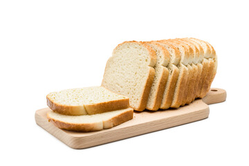 Sliced loaf of white bread on cutting board, isolated on white background.